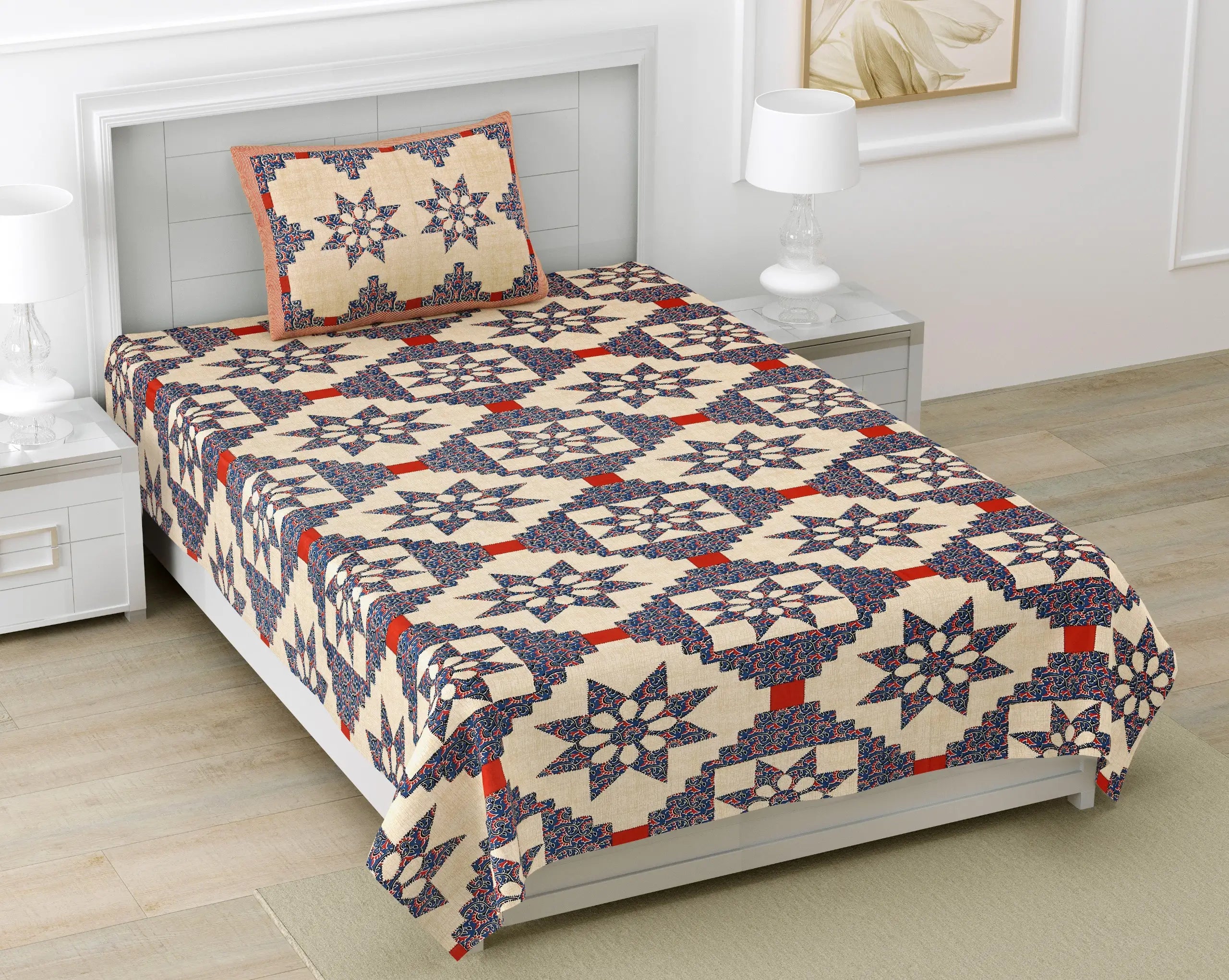 Ajrakh Print Single Bed Sheet β Pure Cotton