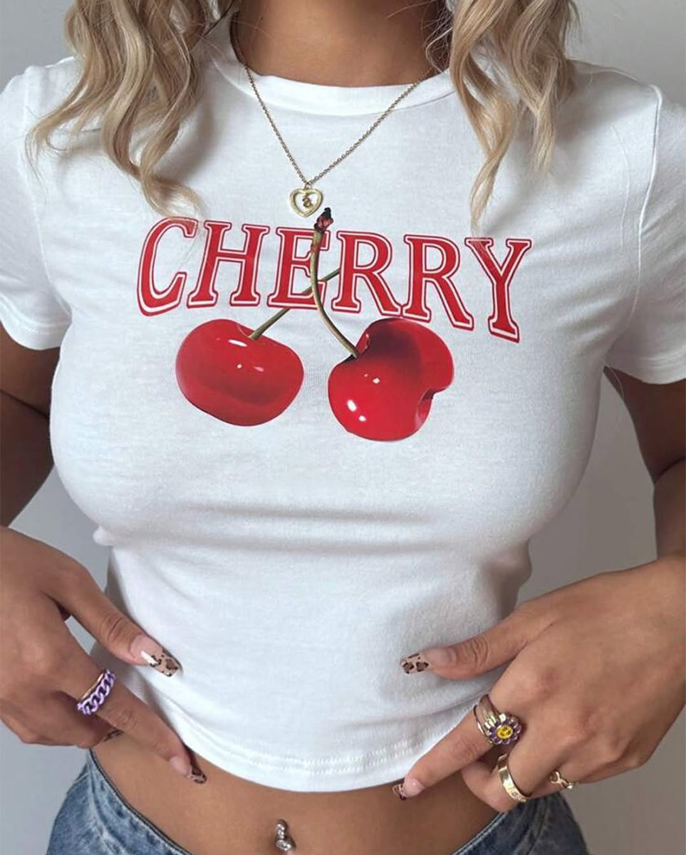 Cherry Graphic Baby Tee – White Crop Top SALE