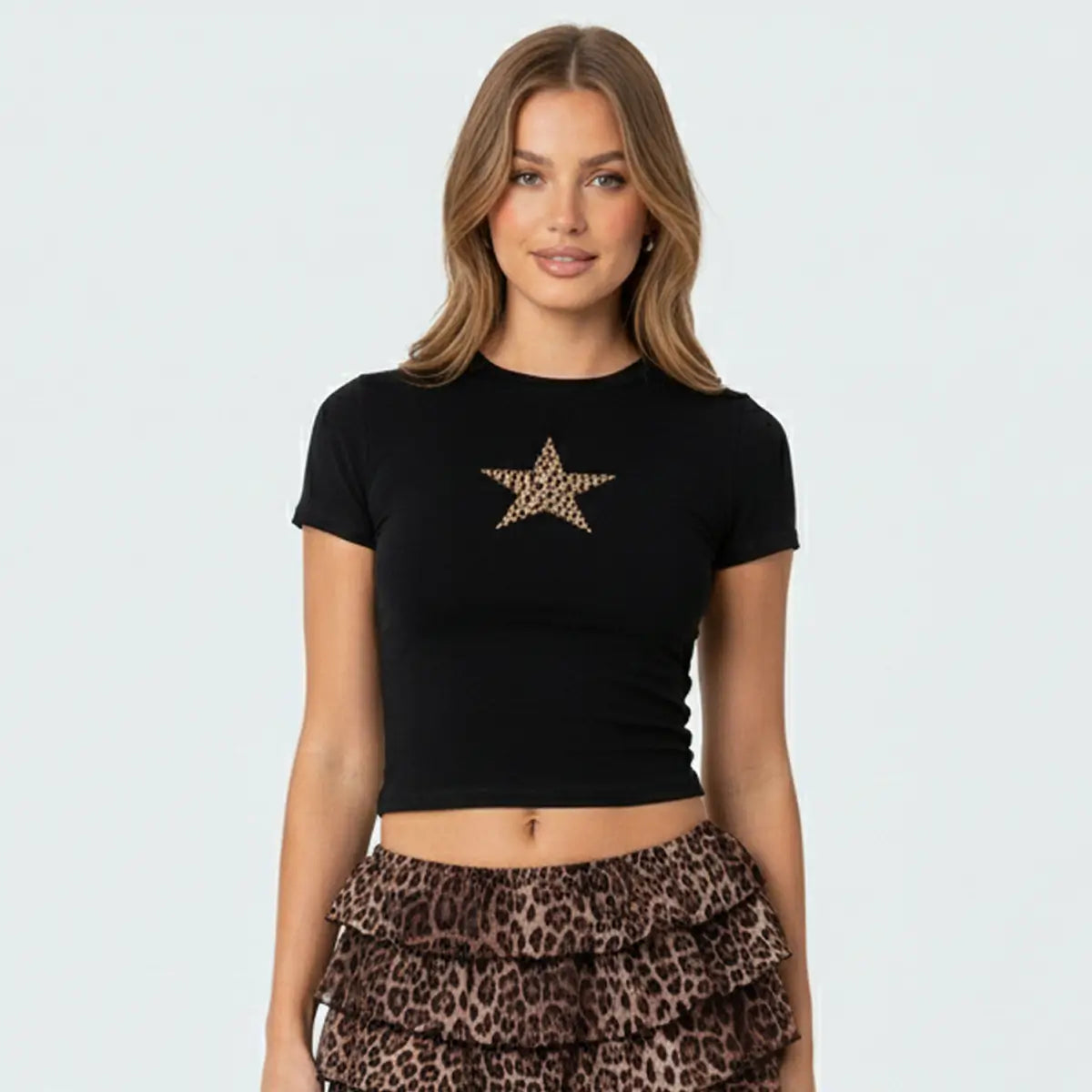 Leopard Star Black Crop Top Baby Tee – Fitted Aesthetic Women’s Crop Top Baby Tee