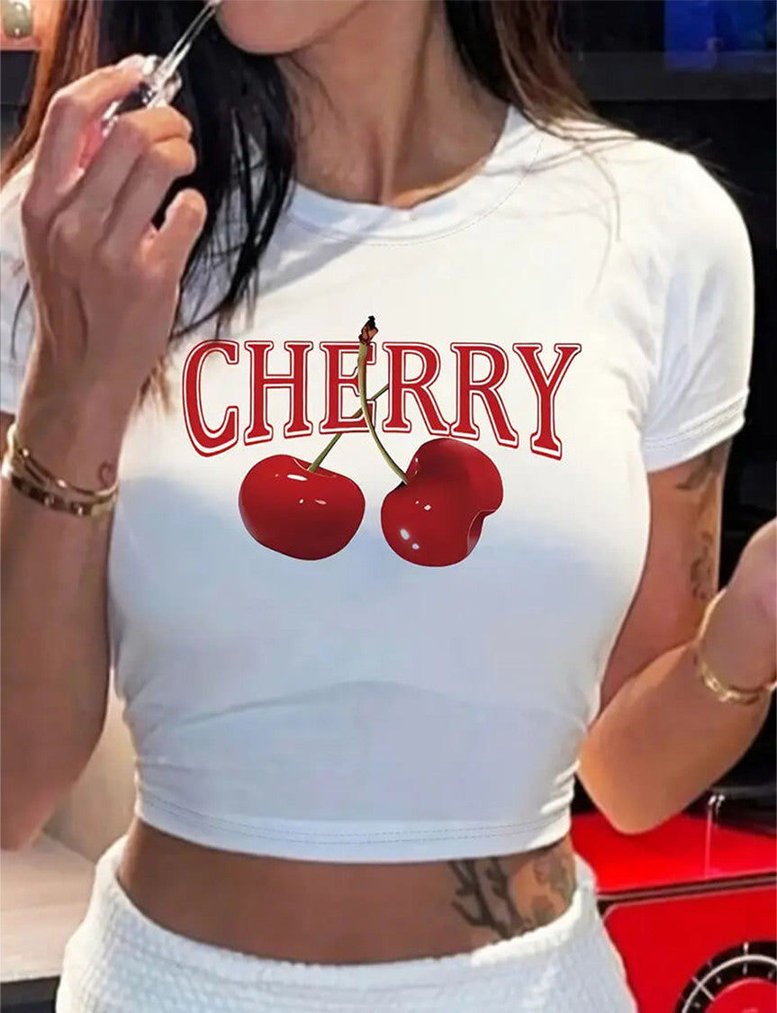 Cherry Graphic Baby Tee – White Crop Top SALE