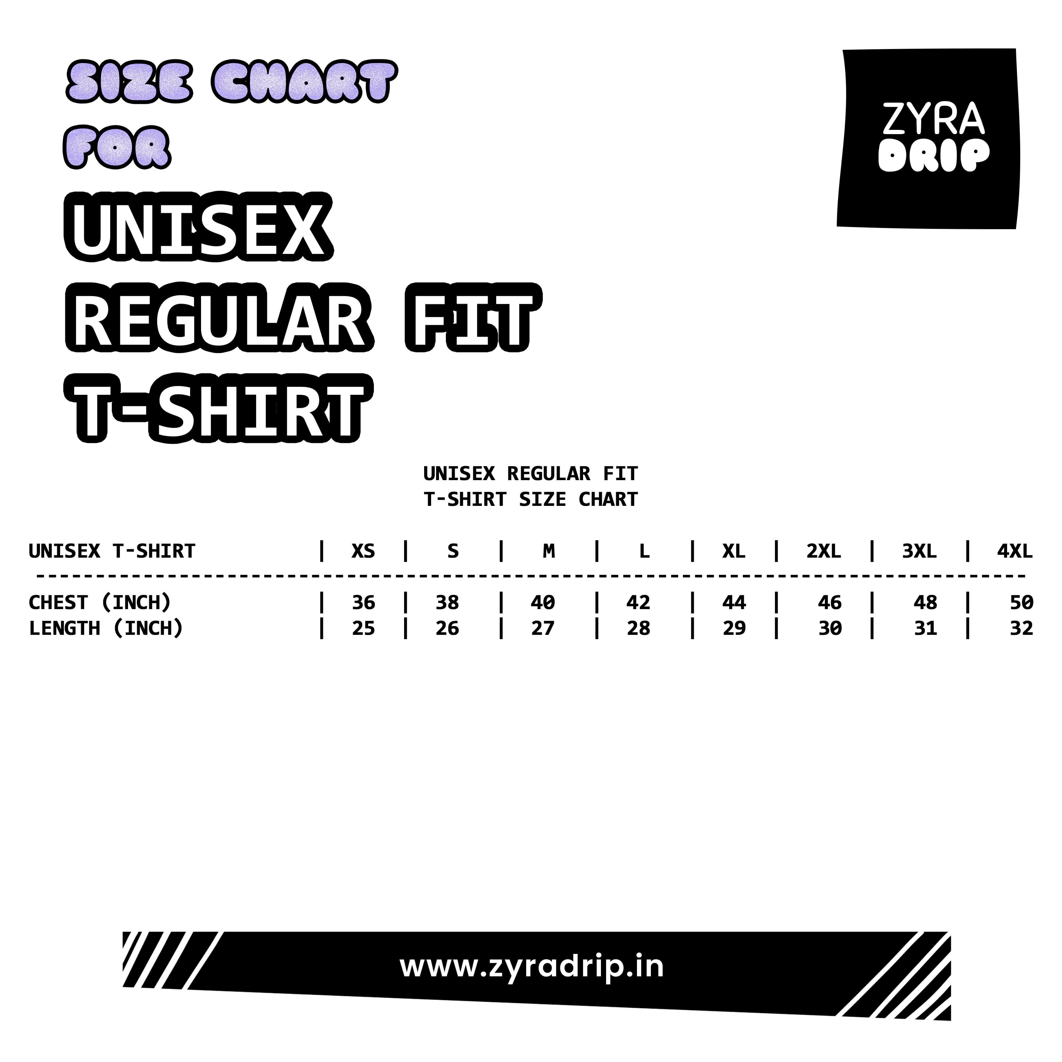 Size Chart for unisex regular fit t-shirt