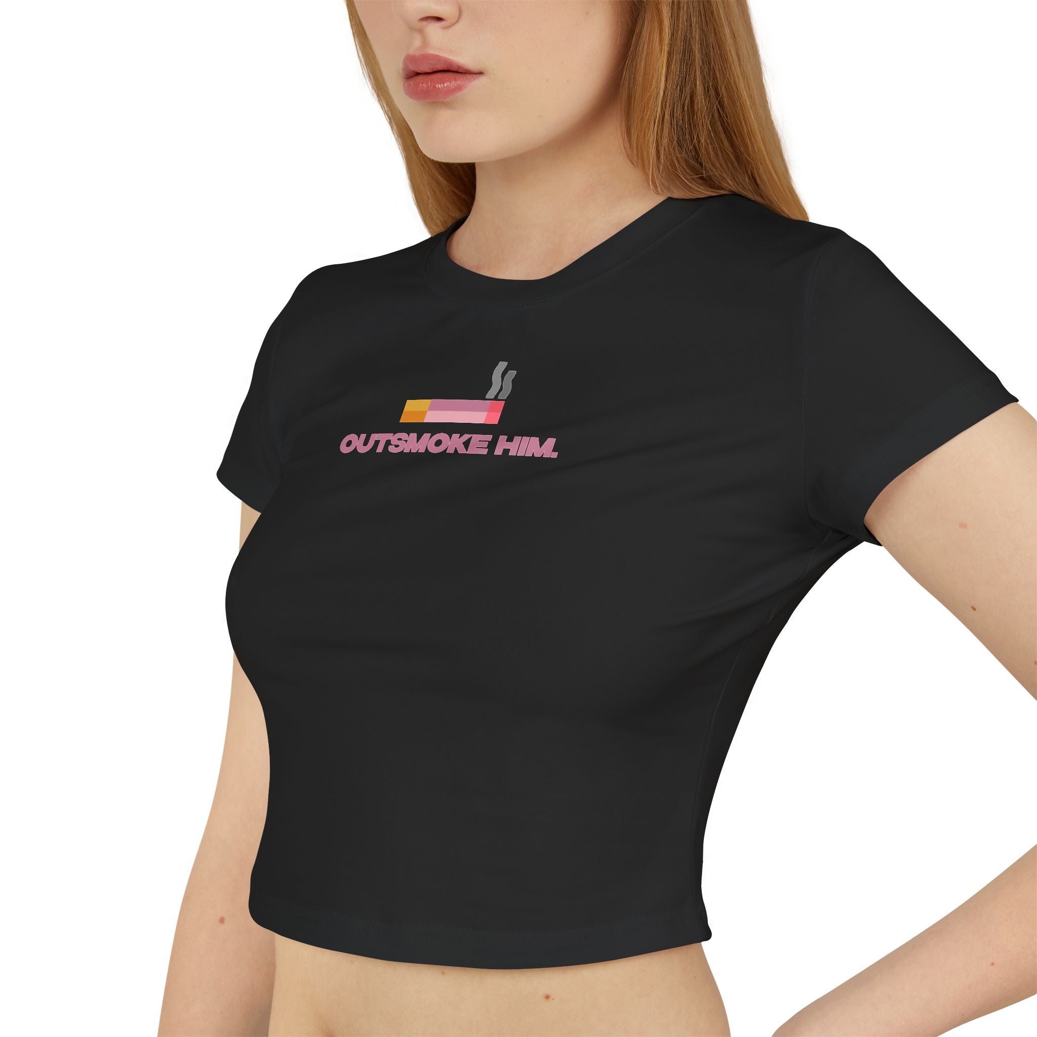 Outsmoke Him Graphic Baby Tee for Women – Black Fitted Crop Top