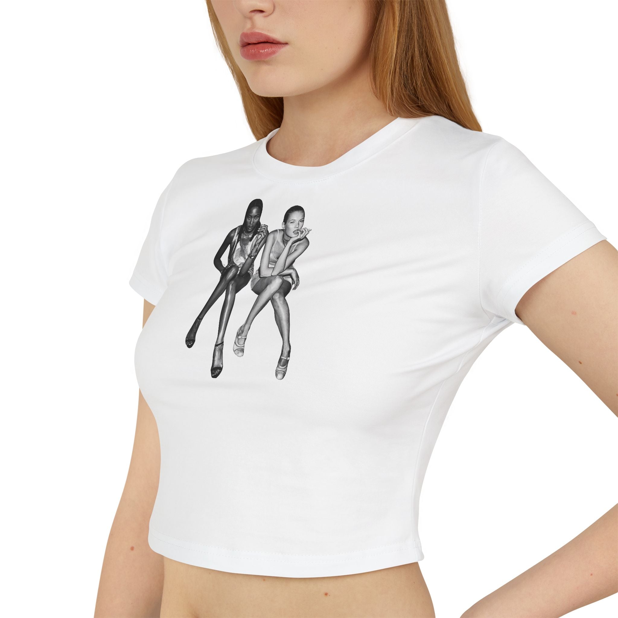 White Baby Tee with Retro Model Graphic – Cropped Streetwear Top | White