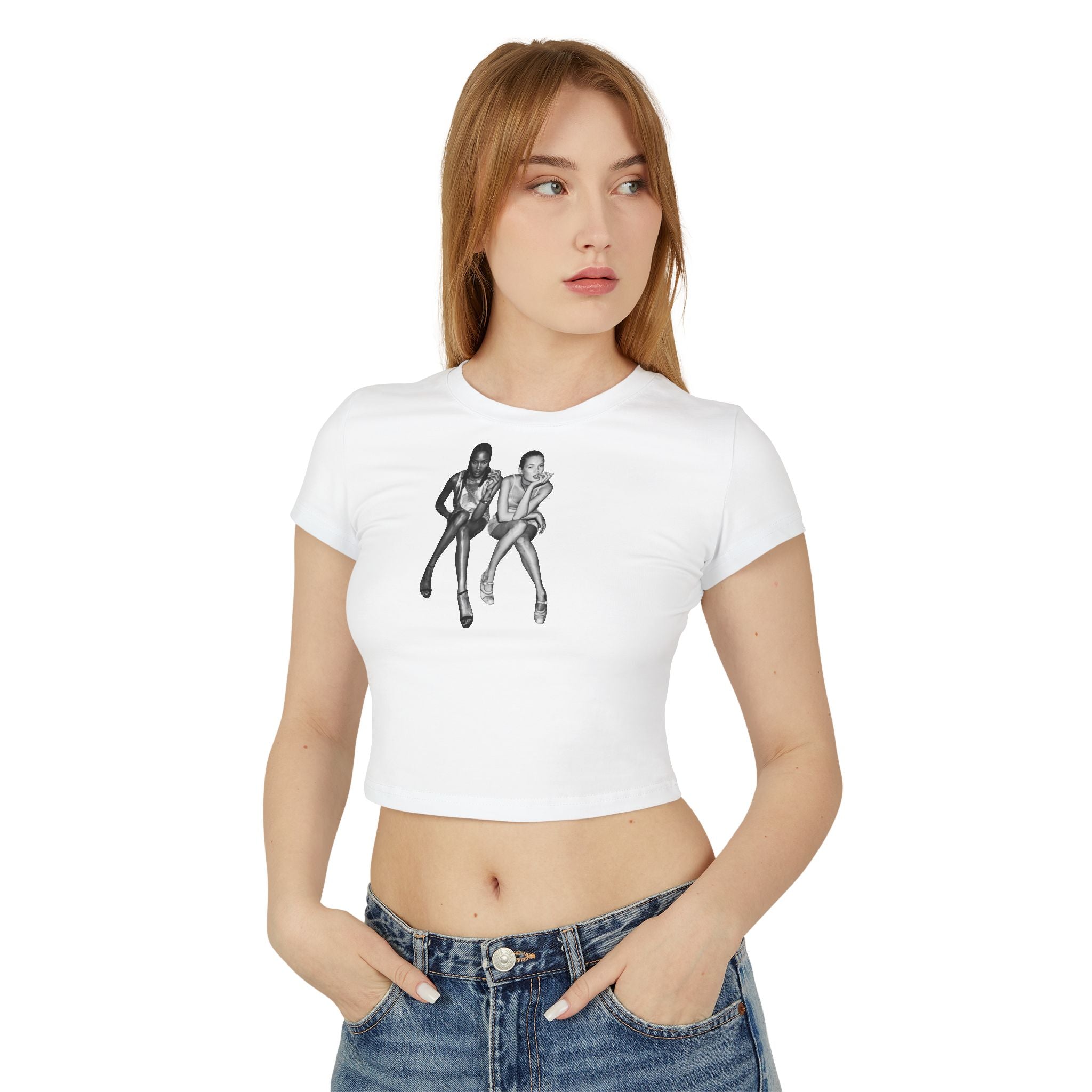 White Baby Tee with Retro Model Graphic – Cropped Streetwear Top | White