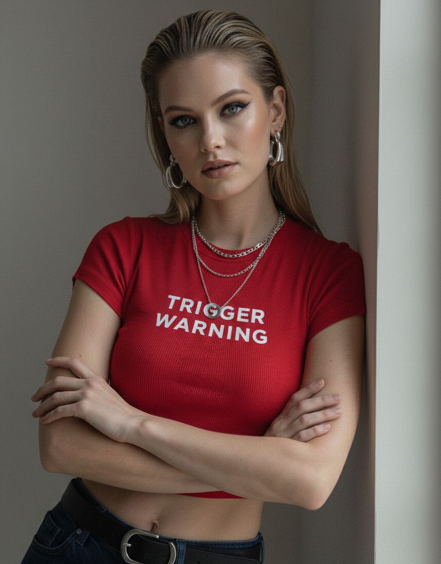 Women’s Red “Trigger Warning” Baby Tee – Slim Fit Ribbed Crop Top