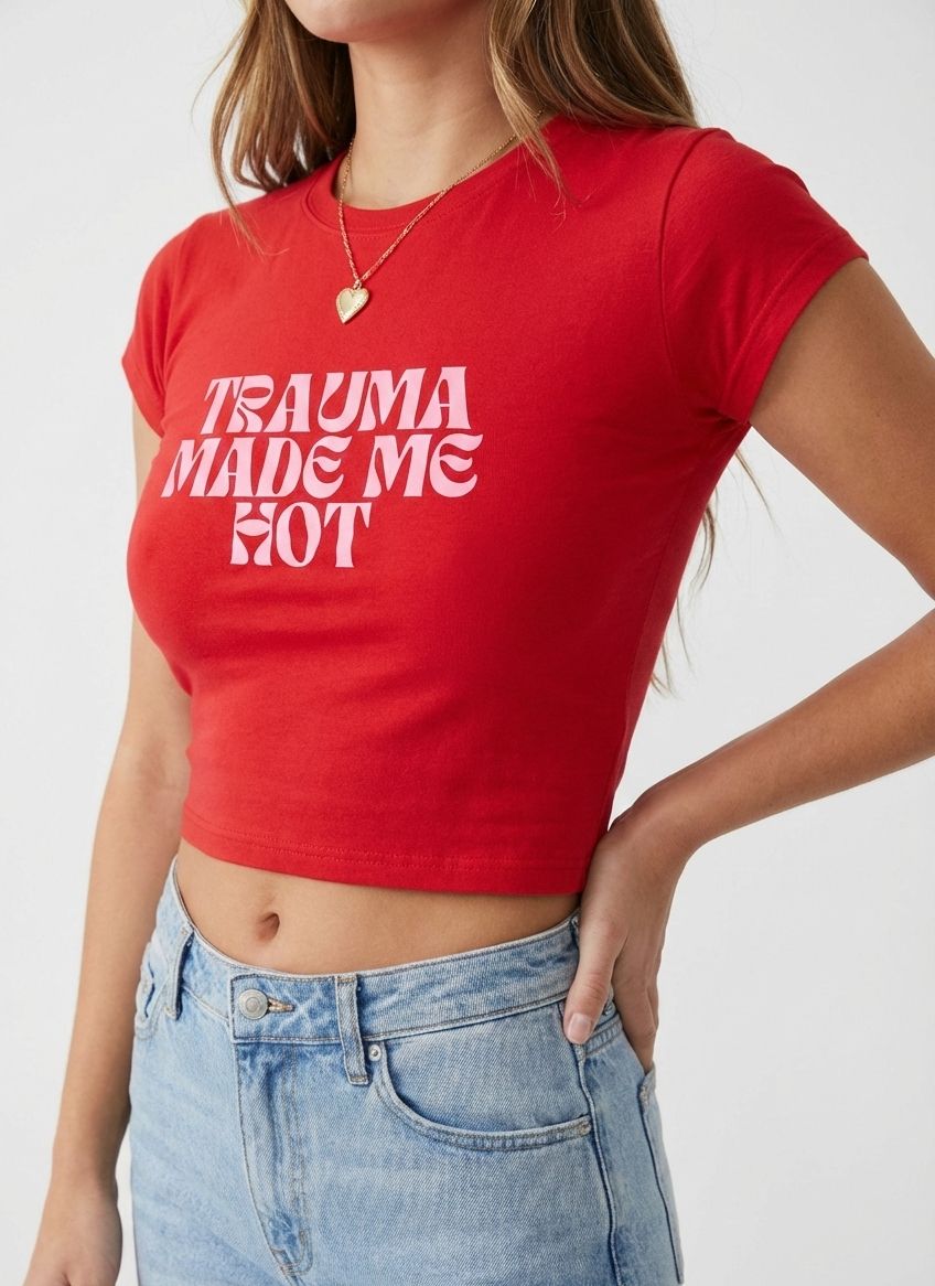 Trauma Made Me Hot Baby Tee for Women | Trendy Crop T-Shirt (Black, White, Red)