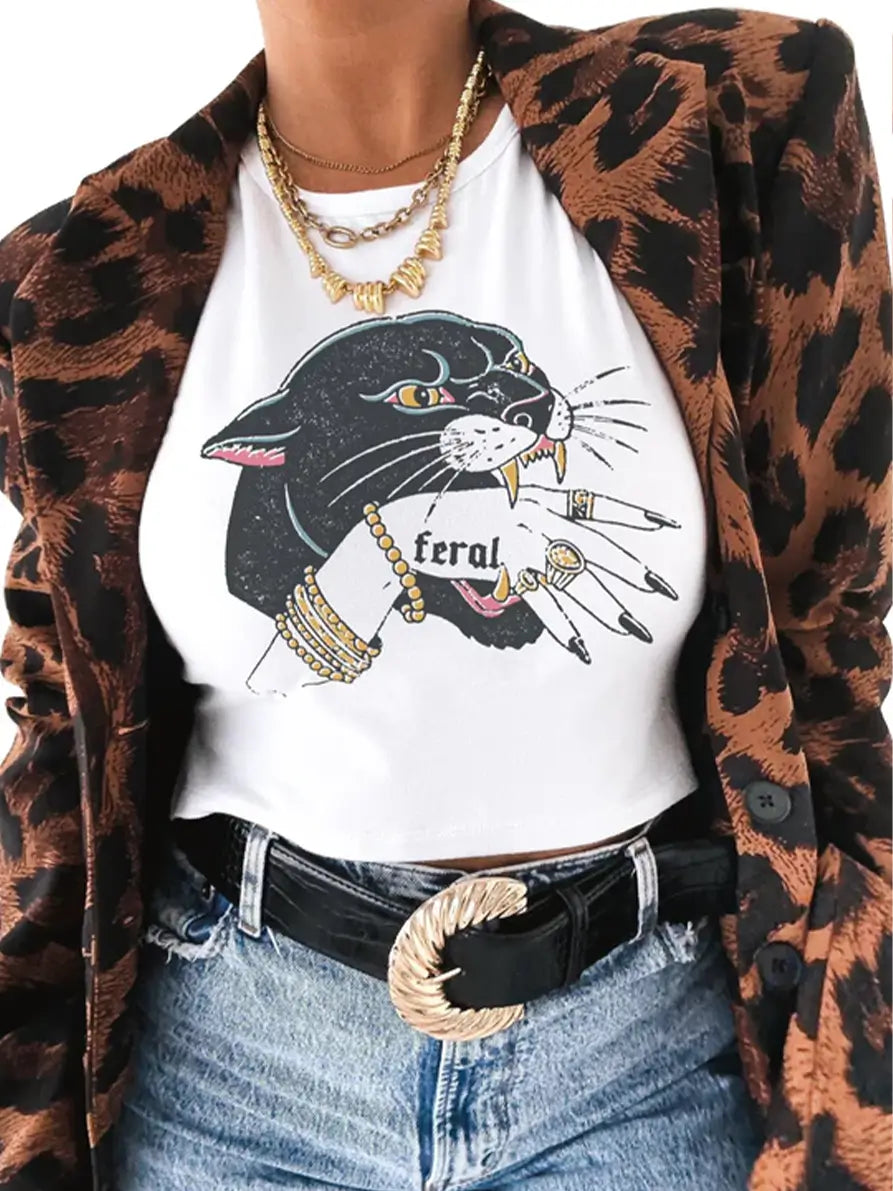 Feral Panther Graphic Baby Tee for Women – White Cropped Cotton Top