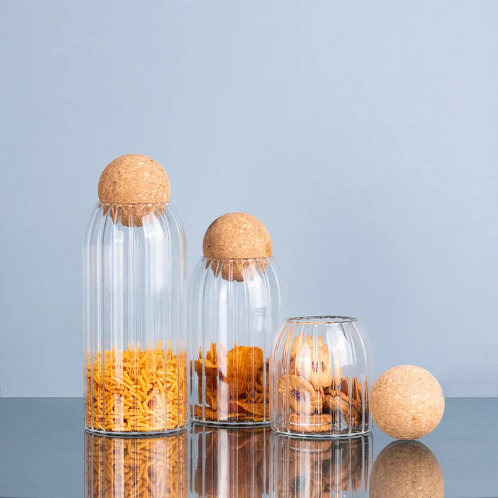 3 Piece Ribbed Glass Jar Set with Cork Ball Lid image 2