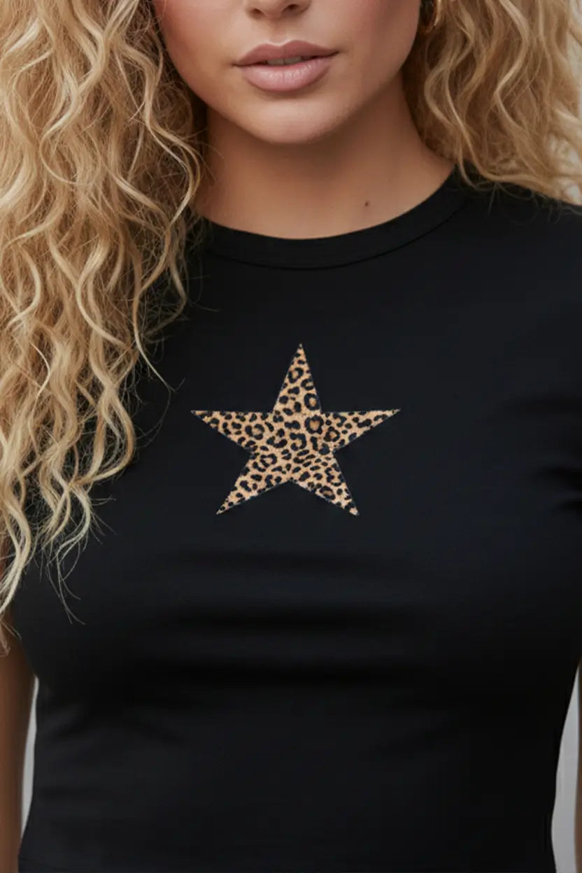 Leopard Star Black Crop Top Baby Tee – Fitted Aesthetic Women’s Crop Top Baby Tee
