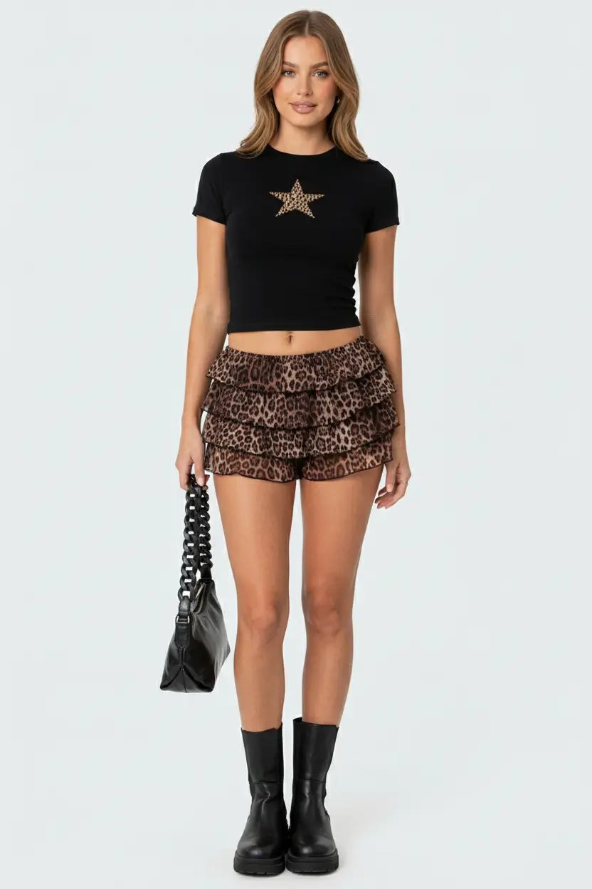 Leopard Star Black Crop Top Baby Tee – Fitted Aesthetic Women’s Crop Top Baby Tee