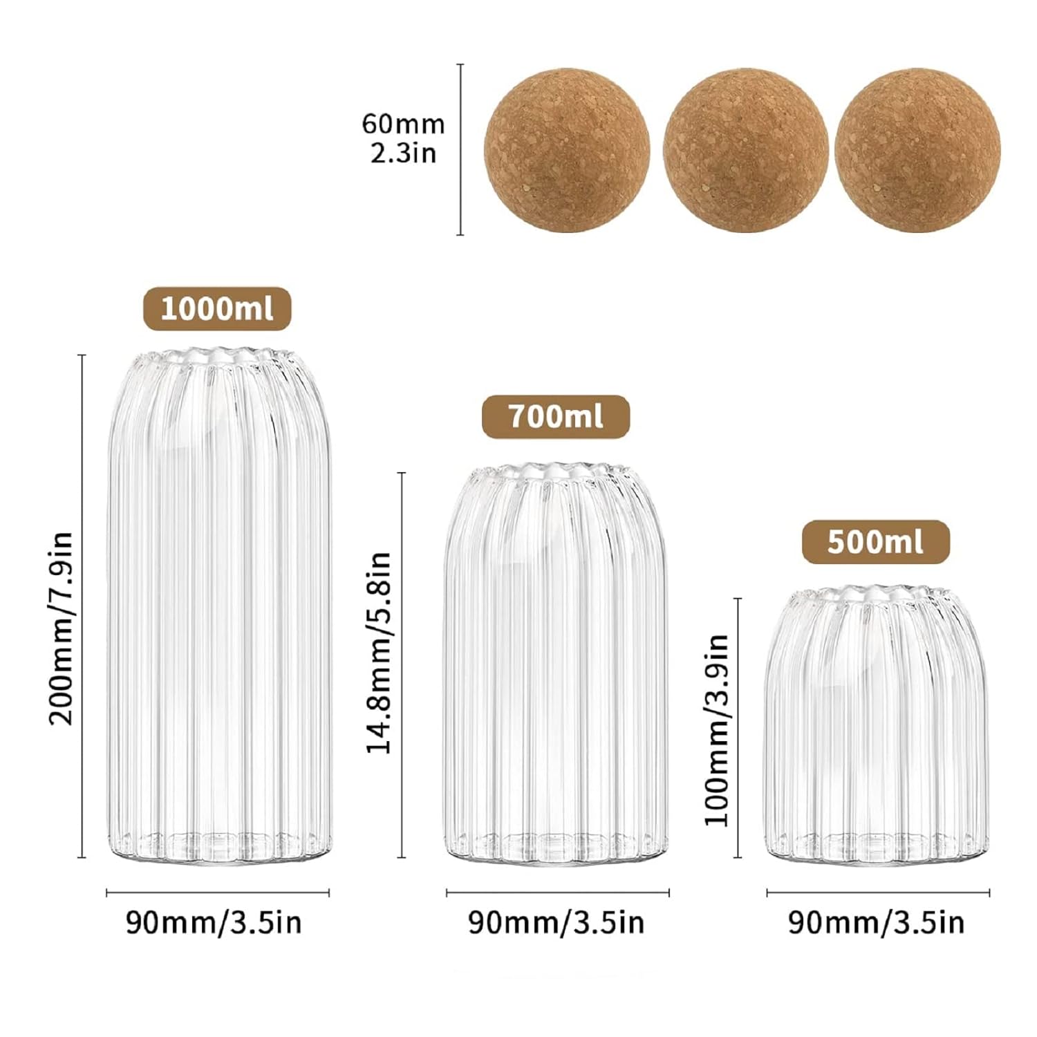 3 Piece Ribbed Glass Jar Set with Cork Ball Lid image 4
