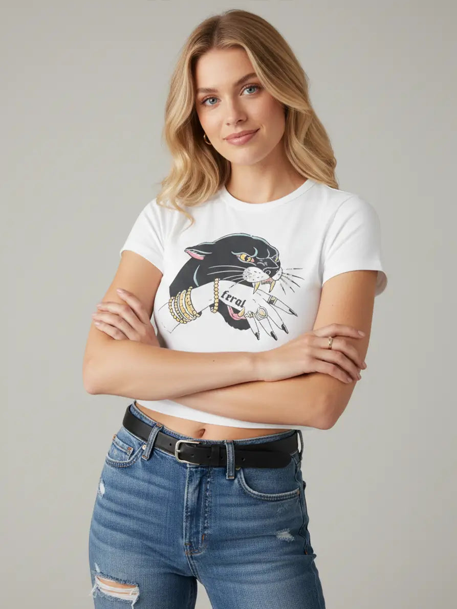 Feral Panther Graphic Baby Tee for Women – White Cropped Cotton Top