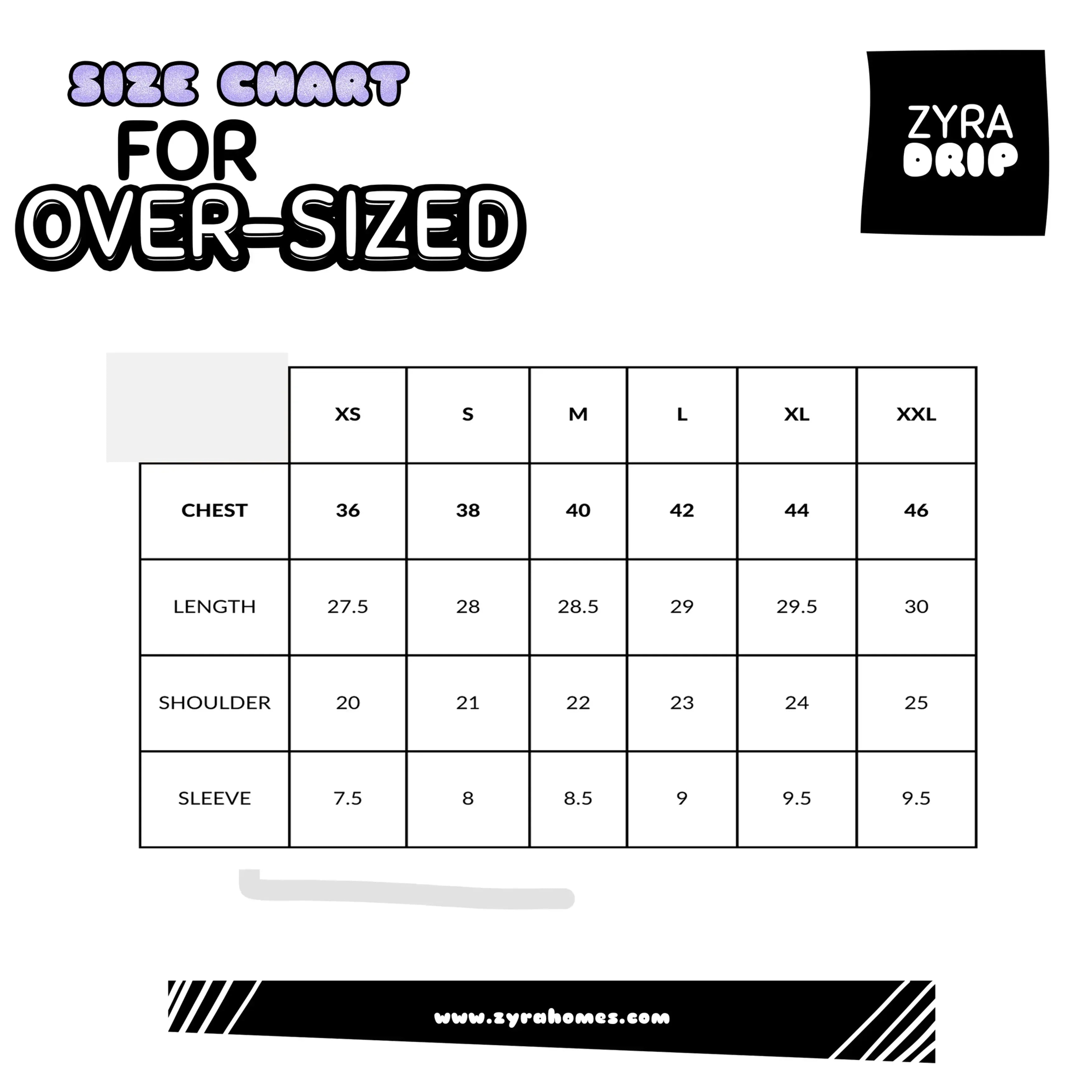 Size Chart for over sized