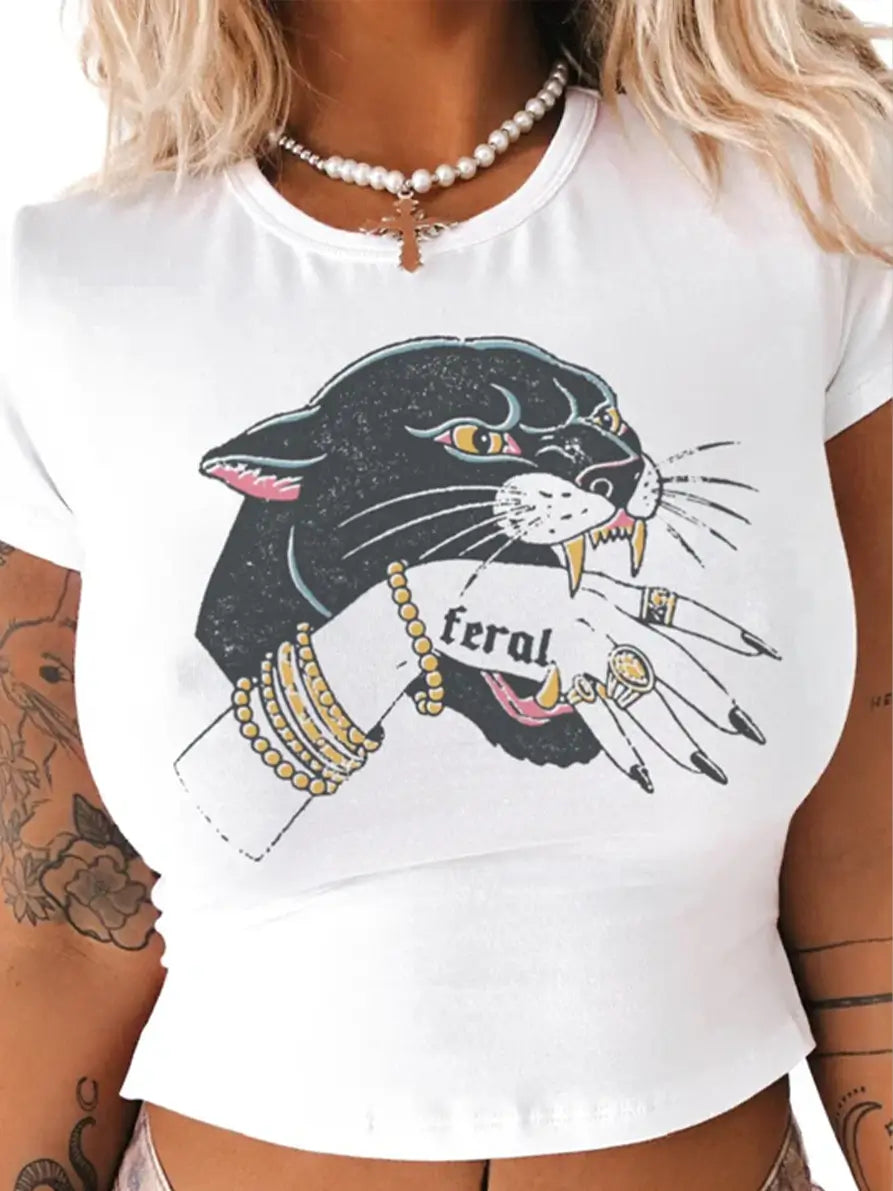 Feral Panther Graphic Baby Tee for Women – White Cropped Cotton Top