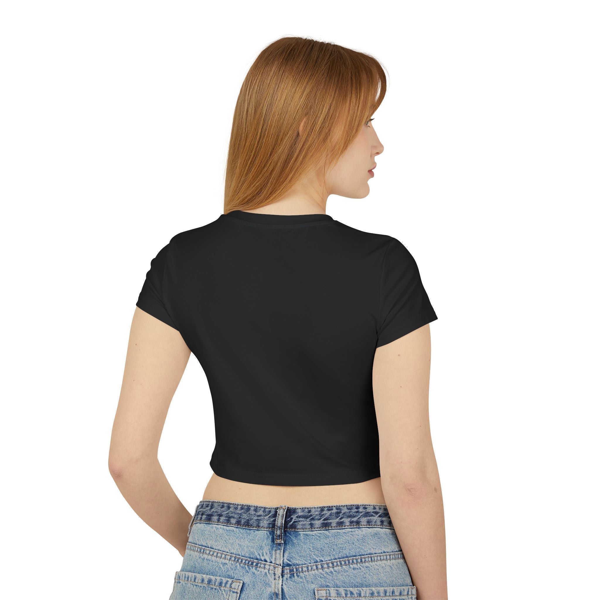 Black Baby Tee with Retro Model Graphic – Cropped Streetwear Top
