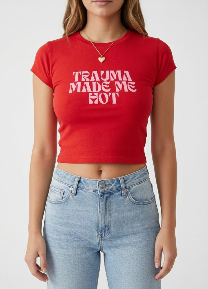 Trauma Made Me Hot Baby Tee for Women | Trendy Crop T-Shirt (Black, White, Red)