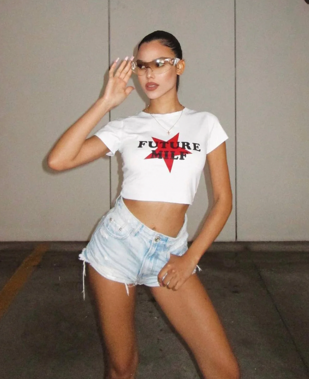 Future MILF Printed Black Baby Tee for Women