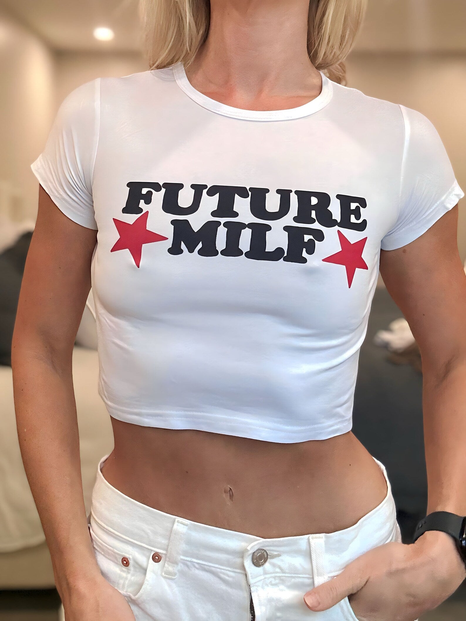 Future MILF Printed White Baby Tee for Women