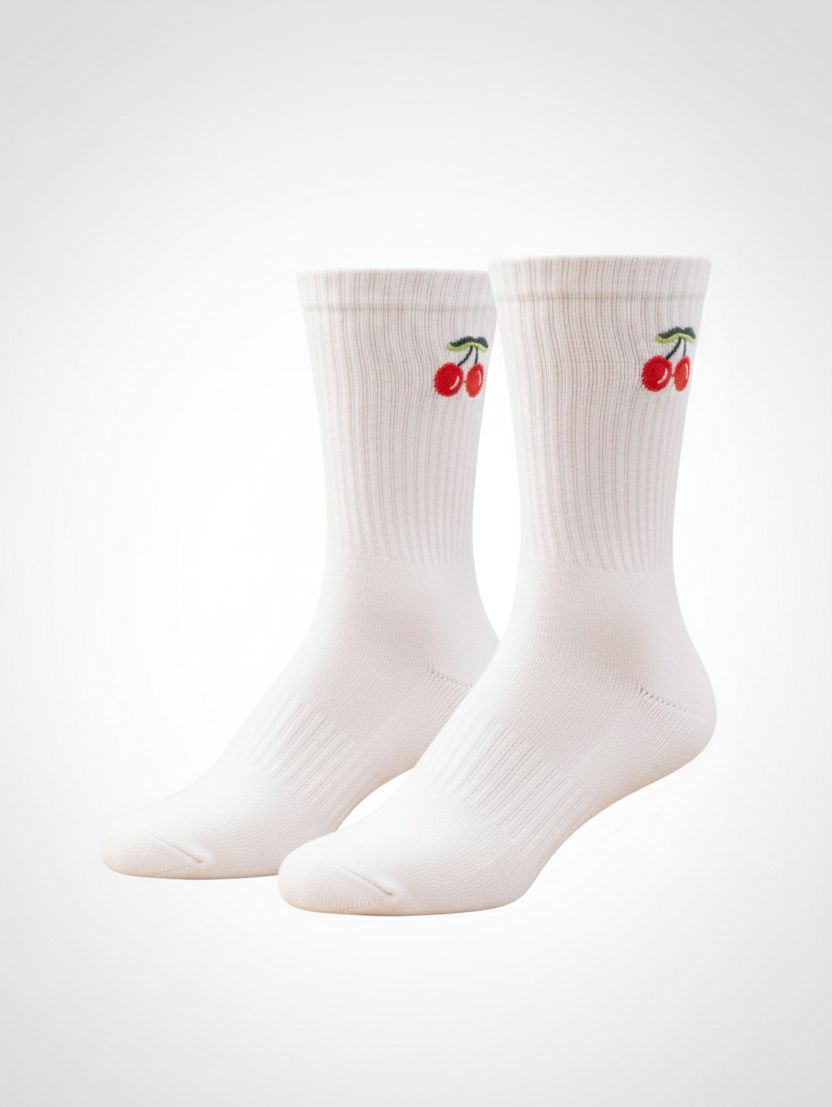 Cherry Print White Crew Socks | Premium Cotton Tube Socks for Men & Women