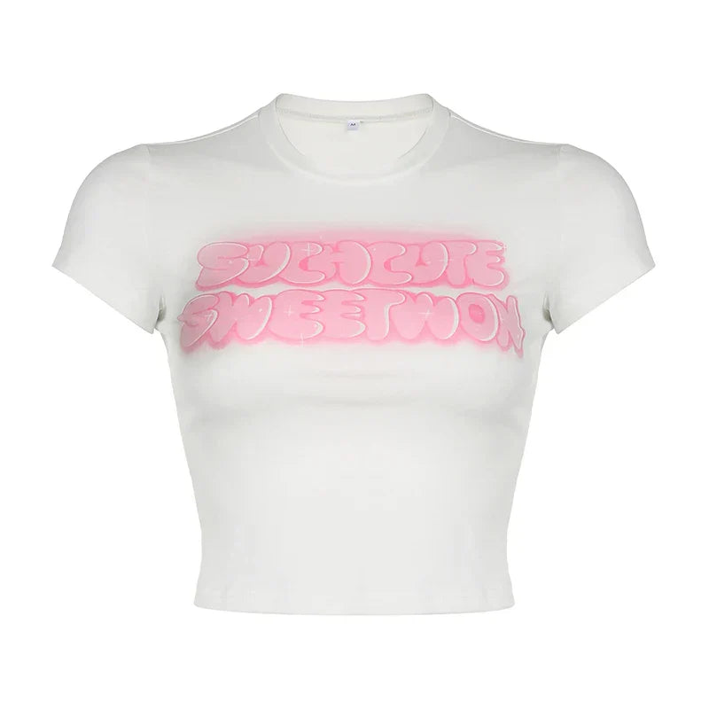 Such Cute Sweet Won Baby Tee – Y2K Pink Graphic Slim Fit Crop Top for Women | Criminally Good